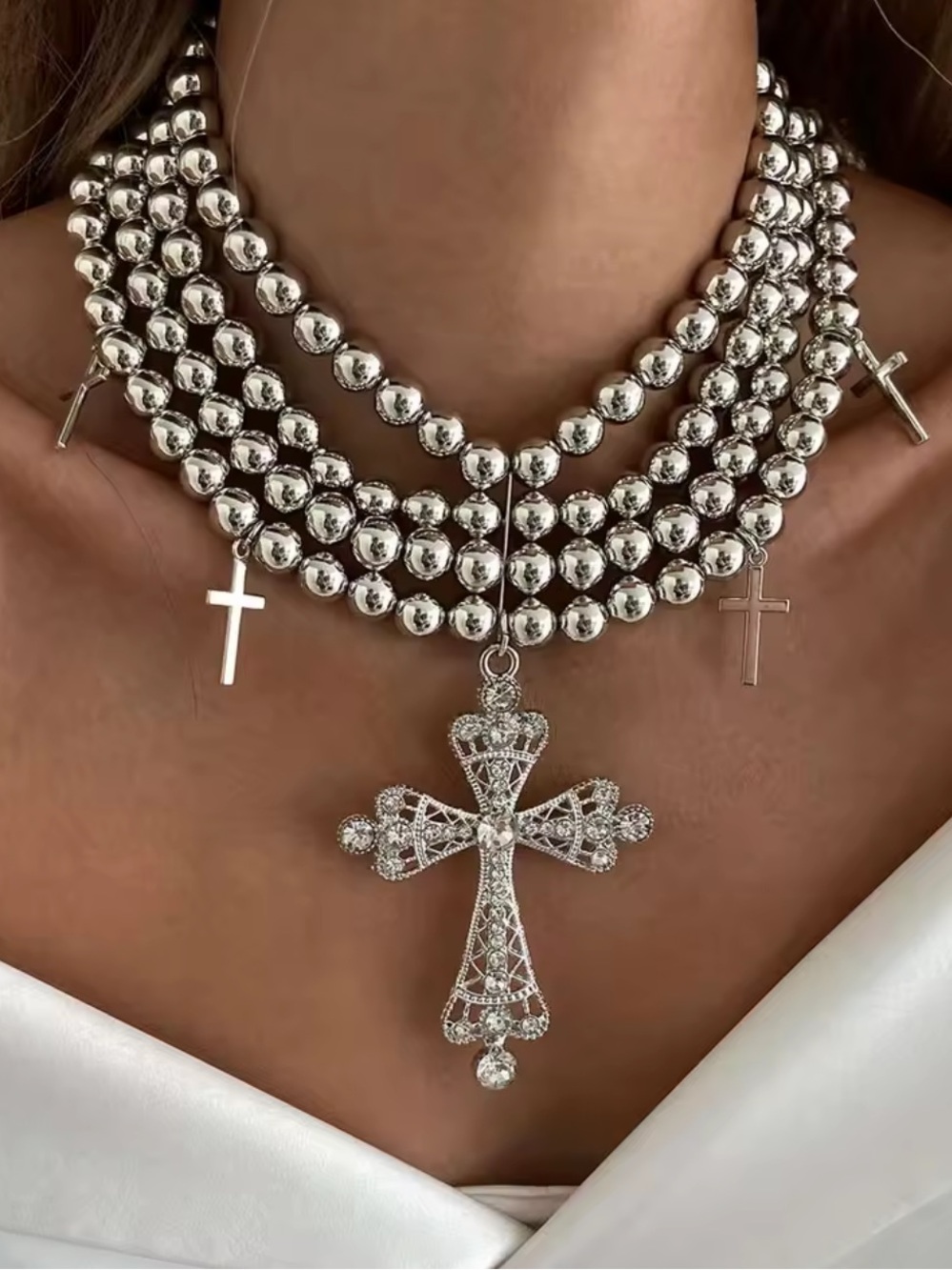 Silver Stainless Steel Layered Beaded Cross Choker Necklace